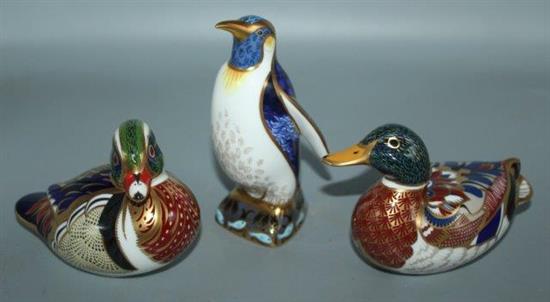 Pair Crown Derby ducks and a penguin